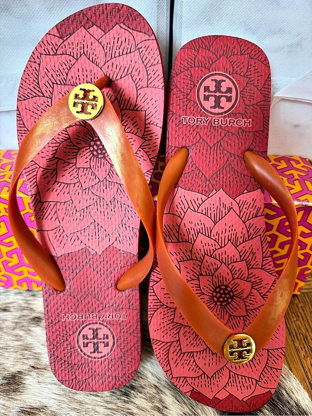 Tory Burch Red/Orange Floral Thin Flip Flops with Gold Logo Medallion